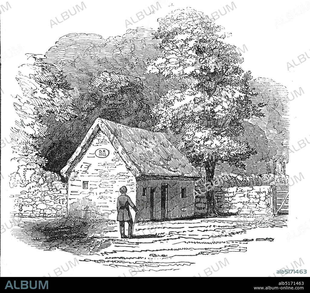 Cottage of the Black Dwarf, 1845. House in Peeblesshire in the Scottish Borders, home of a recluse, '...a poor deformed creature called David Ritchie, who...was only about three feet five inches in height. He was much deformed, and obtained amongst his neighbours - from the crookedness of his legs - the nick name of " Bowed Davie"'. Ritchie built the house himself: 'The materials were on the spot; for stones, held together by layers of turf, were all he required, except thatching for the roof, which he laid on with great neatness...This cottage had two apartments; but, although David consented to live under the same roof with his sister, he would neither permit her to come into his room, nor even to enter the house by the same door, and separate entrances were accordingly made...'. From "Illustrated London News", 1845, Vol VII.