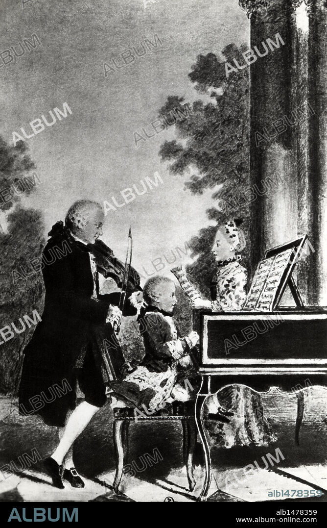 La familia Mozart en París. Johan G. Leopold al violín, Wolfgang Amadeus Mozart, al piano, y Anna Maria Mozart "Nannerl", al clavecín. Reproducció de una acuarela de Louis Carrogis Carmontelle.