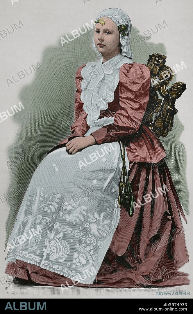 Guillermina de los Países Bajos (1880-1962). Reina de los Países Bajos entre 1890 y 1948. Casa de Orange-Nassau. La reina Guillermina con el traje tradicional. Grabado coloreado. La Ilustración Española y Americana, 1898.