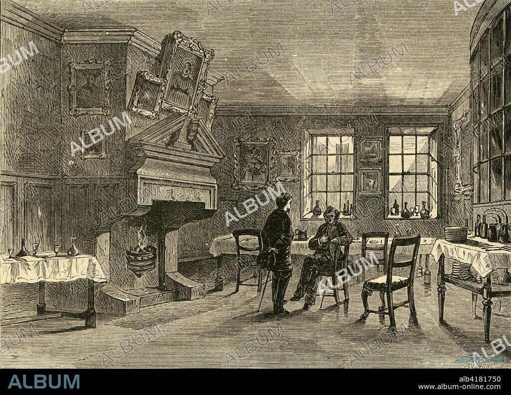 'Dolly's Coffee House', 1897. Dolly's Tavern near Paternoster Row in the City of London, said to have been named after Dolly, an old cook of the establishment, whose portrait Gainsborough painted. The coffee-room, featuring projecting fireplaces, dates from the reign of Queen Anne (1702-1707). From Old and New London, Volume I, by Walter Thornbury. [Cassell and Company, Limited, London, Paris & Melbourne, 1897].