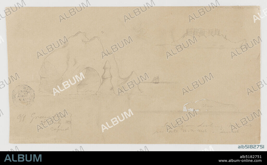 Sketches of Icebergs, Off Greenspond, Newfoundland, Frederic Edwin Church, American, 18261900, Graphite, brush and white gouache on light brown paper, At left, a uniqely shaped iceberg with an arched opening and a twisted tower. A sailing ship is in the right background. At right, two outlines of additional icebergs., Newfoundland and Labrador, Canada, July 23, 1859, seascapes, Drawing, Drawing.