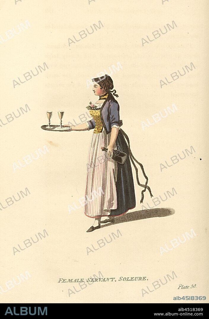 Female servant, Soleure, Waitress from Solothurn, pl. 50, after p. 159 (vol. 2), Yosy, A., A. Yosi, Switzerland, as now divided into nineteen cantons (...). London: J. Booth & J. Murray, 1815.
