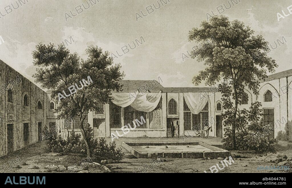 Persia, Tehran. Palace of the British envoy. Interior courtyard. Engraving. Panorama Universal. History of Persia, 1851.