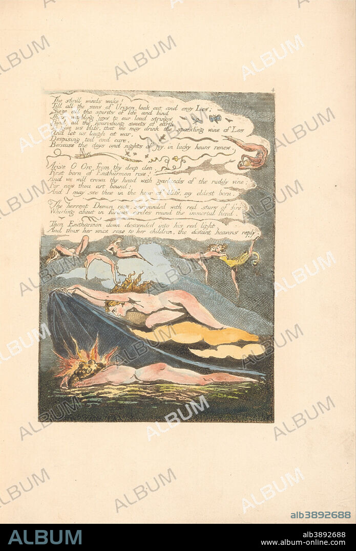 WILLIAM BLAKE. Europe. A Prophecy, Plate 6, "The shrill winds wake . . . . " (Bentley 7). Date/Period: 1794. Print. Brown print, pen, black ink and oil on cream-colored paper (Color-printed relief etching in dark brown with pen and black ink, oil and watercolor on moderately thick, slightly textured, cream wove paper). Height: 375 mm (14.76 in); Width: 267 mm (10.51 in).