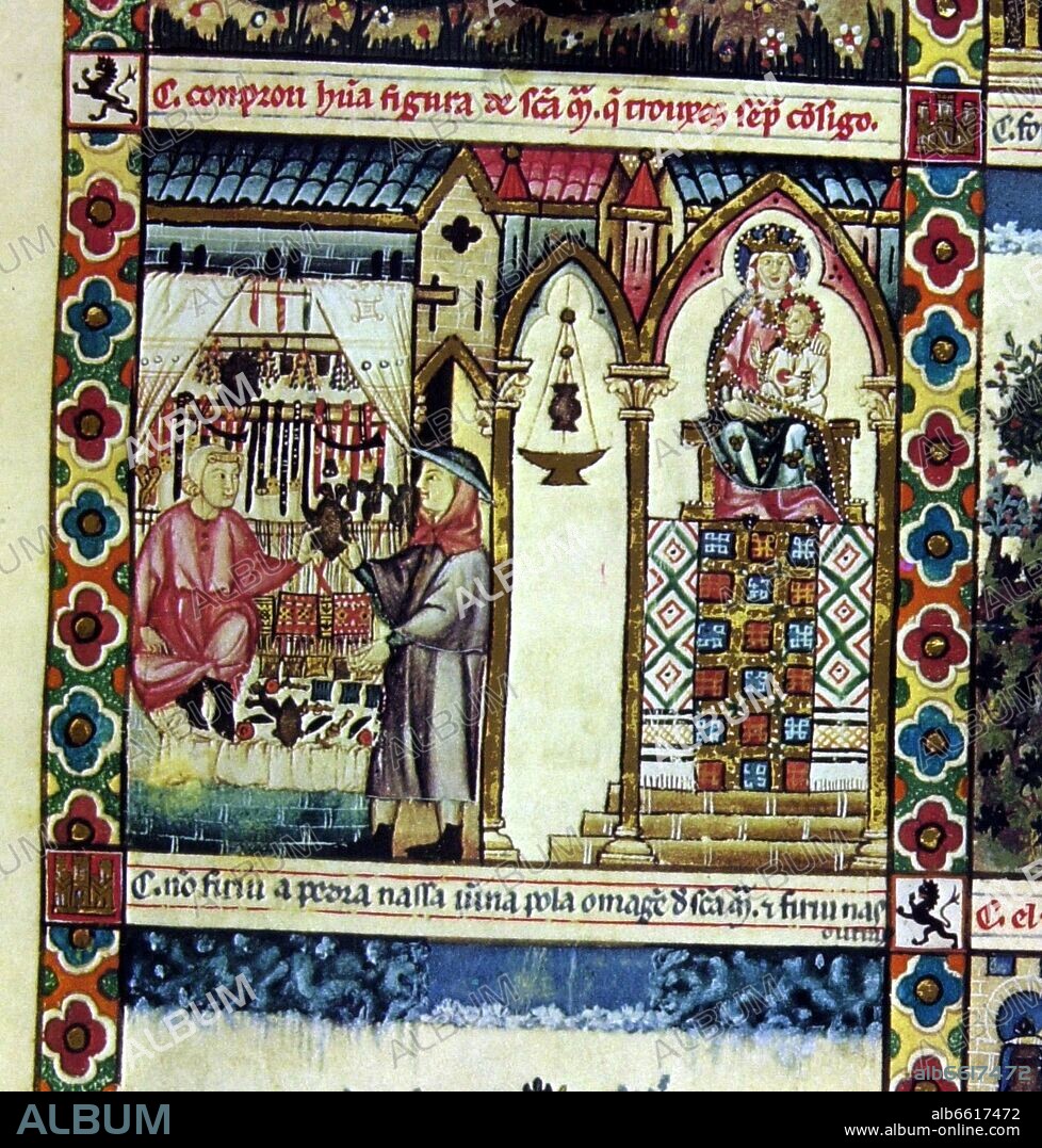 ALFONSO X DE CASTILLA EL SABIO. MTI1-CANTIGA STA MARIA Nº161-F217R-C-TIENDA EN MORELLA-S XIII- VIRGEN INTERMEDIARIA EN EL COMERCIO.