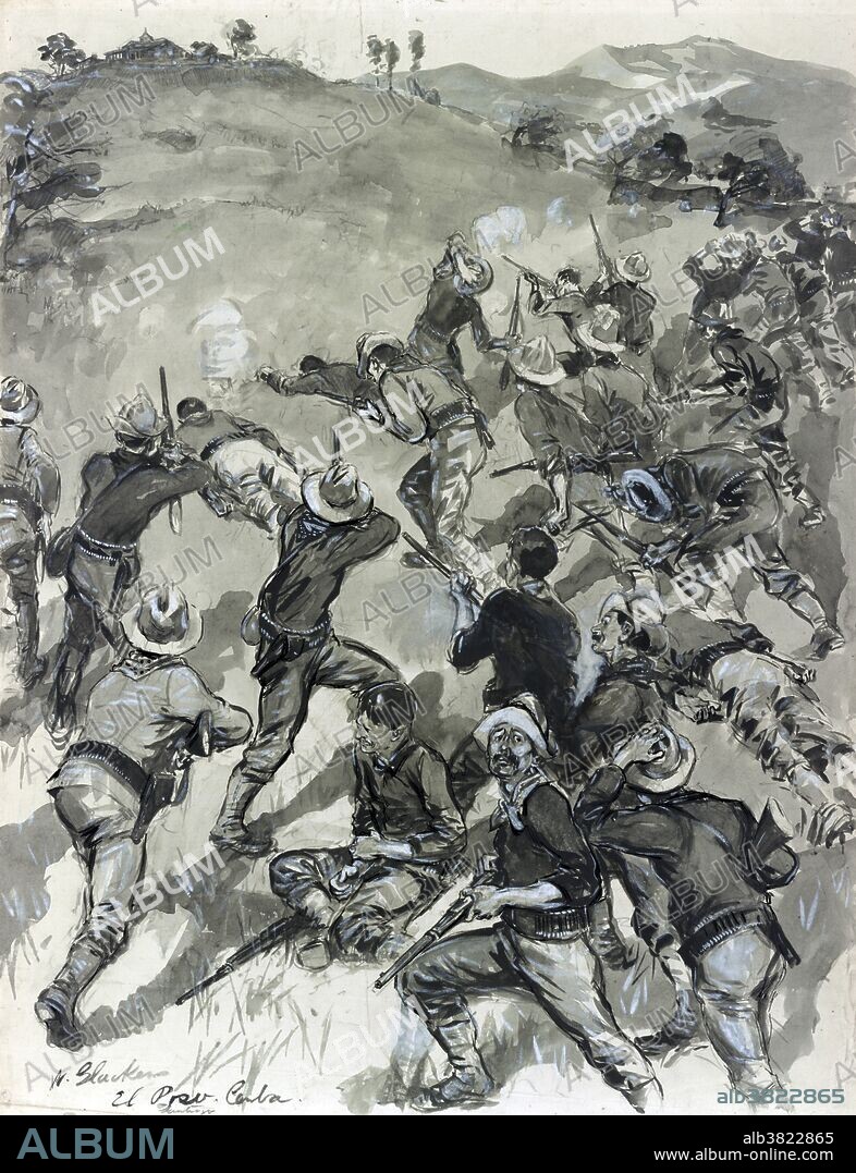 Entitled: "The Fight for Santiago. The Rough Riders charging up the San Juan Hill and driving the Spanish from their intrenchments." The Battle of San Juan Hill (July 1, 1898) was a decisive battle of the Spanish-American War. The San Juan heights was a north-south running elevation about two kilometers east of Santiago de Cuba, Cuba. The names San Juan Hill and Kettle Hill were given to the location by the Americans. This fight for the heights was the bloodiest and most famous battle of the war. It was also the location of the greatest victory for the Rough Riders, as claimed by the press and its new commander, the future vice-president and later president, Theodore Roosevelt. The American press at the time overlooked the fact that the Buffalo Soldiers of the 10th Cavalry and 24th Infantry Regiments had actually done much of the heaviest fighting. The Spanish-American War was a conflict in 1898 between Spain and the United States, the result of US intervention in the Cuban War of Independence. Illustrated by William Glackens for McClure's magazine, October 1898.