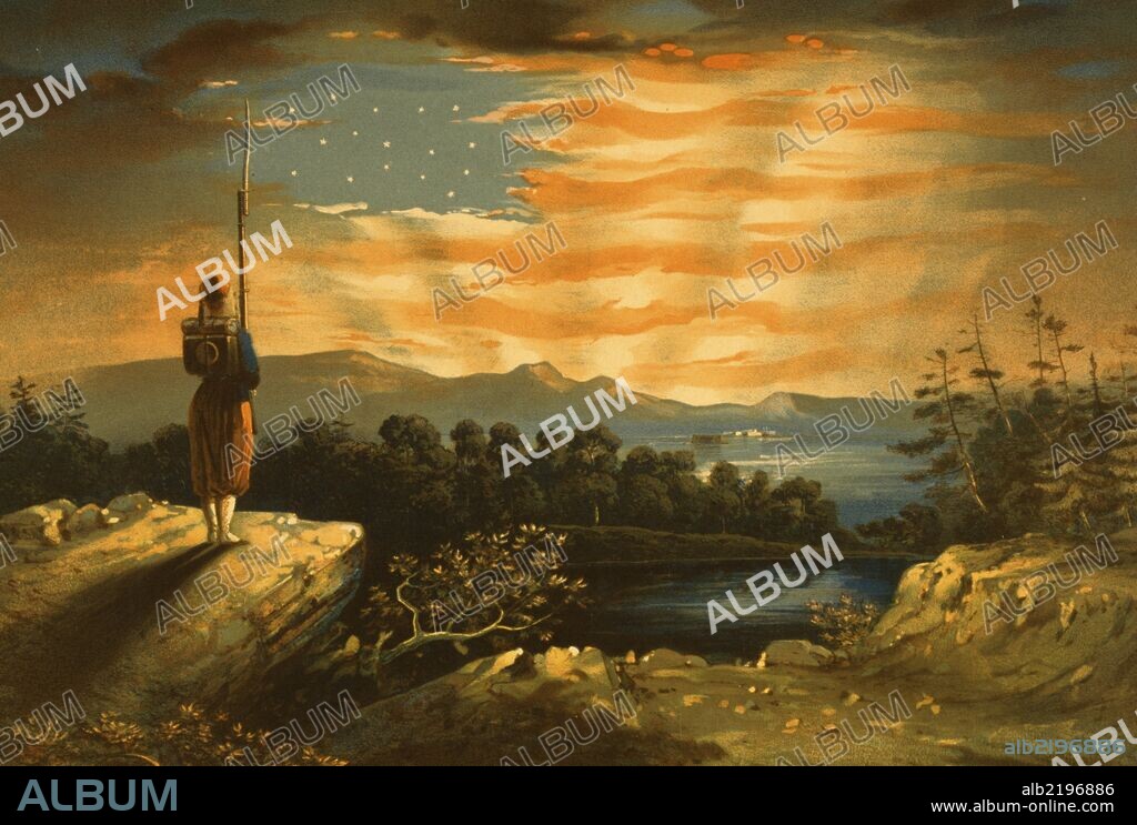A pro-Union patriotic print, evidently based on Frederic Edwin Church's small oil painting "Our Banner in the Sky" or on a chromolithograph reproducing that painting published in New York by Goupil & Co. in the summer of 1861. Church's painting was inspired by the highly publicized Confederate insult to the American flag at Fort Sumter in April 1861 and by a sermon by Henry Ward Beecher published shortly thereafter. The present print was deposited for copyright, with a companion piece, "Fate of the Rebel Flag" (no. 1861-21), on September 6. "Our Heaven Born Banner" shows a lone Zouave sentry watching from a promontory as the dawn breaks in the distance. His rifle and bayonet form the staff of an American flag whose design and colors are formed by the sky's light. Below, in the distance, is a fort--probably Sumter. The print is accompanied by eight lines of verse: When Freedom from her mountain height / Unfurled her standard to the air, / She tore the azure robe of night / And set the stars of glory there. / She mingled with its gorgeous dyes / The milky baldrick of the skies, / And striped its pure celestial white / With streakings of the morning light. Unlike its companion piece, "Our Heaven Born Banner" is printed using brown instead of black ink for the primary tone.