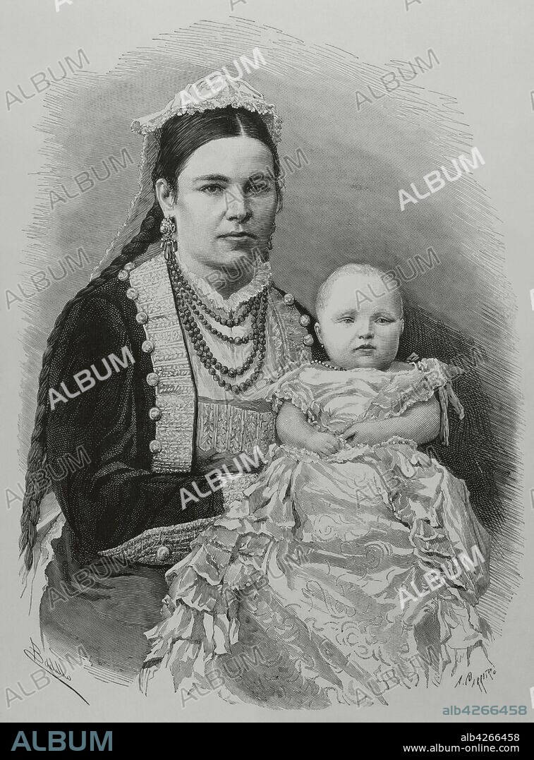 María de las Mercedes de Borbón y Habsburgo-Lorena (1880-1904). Infanta de España y Princesa de Asturias. S. A. R. la infanta heredera, Doña Maria de las Mercedes, en brazos de una nodriza. Ilustración por Badillo. Grabado por Carretero. La Ilustración Española y Americana,15 de febrero de 1881.