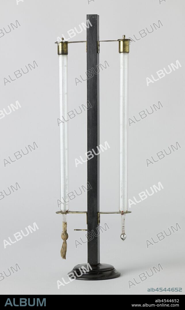 Psychrometer, Humidity meter of the psychrometer type, with two thermometers in a standard, incomplete. The scale of both thermometers ranges from -12 ° to 44 ° Celsius. One thermometer has a sock around the mercury ball that is made moist. From the difference in temperature between the two thermometers, caused by the evaporation of the moisture, the humidity of the air can be read. The base of the standard is weighted with lead., H. Geissler (mentioned on object), 1846, wood (plant material), brass (alloy), glass, mercury, wax, textile materials, h 44 cm × w 13.1 cm × d 8.9 cm.