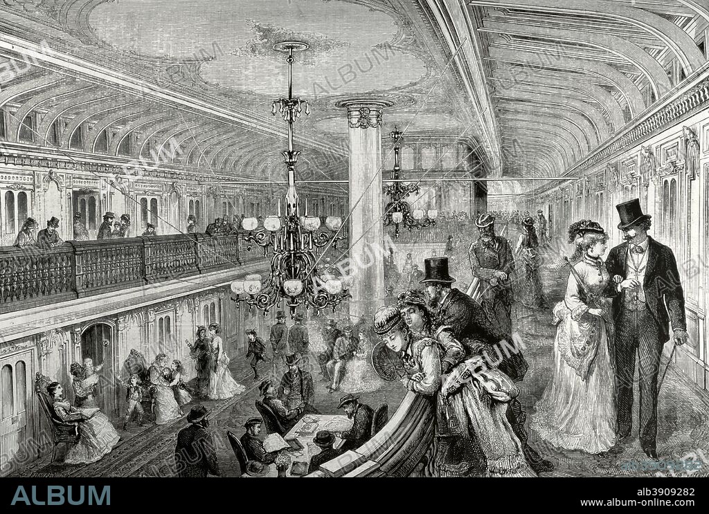 Estados Unidos. "Fall River Line". Combinación en barco de vapor y conexión de ferrocarril entre Nueva York y Boston que funcionó de 1847 a 1937. Interior del lujoso salón de uno de los barcos de la flota fluvial, el "Vapor Bristol". Grabado. La Ilustración Española y Americana, 22 de abril de 1876. Biblioteca Histórico Militar de Barcelona, Cataluña, España.