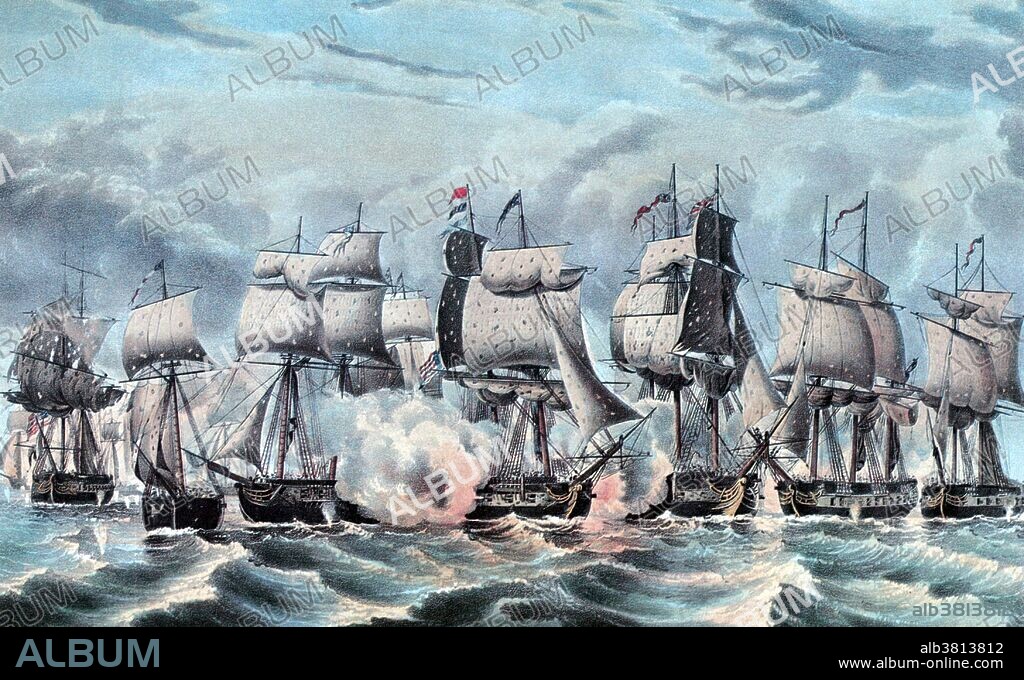 Lithograph entitled and captioned: "Perry's victory on Lake Erie, September 10, 1813. This plate represents the position of the two fleets when the 'Niagara' is pushing through the enemy's line (center) pouring her thunder upon them from both broadsides forcing them to surrender in succession to the American Flag. Commodore Perry having a short time before left the 'Lawrence' (far left) in a small boat amidst a tremendous fire from the British Squadron and hoisted the flag on board the 'Niagara'." Perry supervised the building of a fleet at Erie, Pennsylvania, at the age of 27. He earned the title "Hero of Lake Erie", receiving a Congressional Gold Medal and the Thanks of Congress. His leadership materially aided the successful outcomes of all nine Lake Erie military campaign victories. The Battle of Lake Erie, sometimes called the Battle of Put-in-Bay ensured American control of the lake for the rest of the war, which in turn allowed the Americans to recover Detroit and win the Battle of the Thames to break the Indian confederation of Tecumseh.