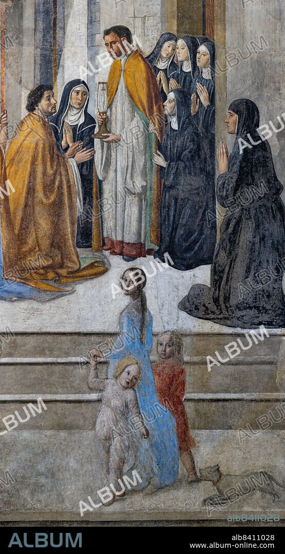 Miracle of the Sacrament, fresco by Cosimo Rosselli (1484- 1488): Detail. The kneeling person who receives the reliquary in front of the church door is Messer Francesco di Stefano della Torre; behind him, the abbess Maria de 'Barbadori is seen with folded hands. In the foreground, young woman with braid and two children.. Florence, Church of St. Ambrose, chapel of the Miracle of the Sacrament.