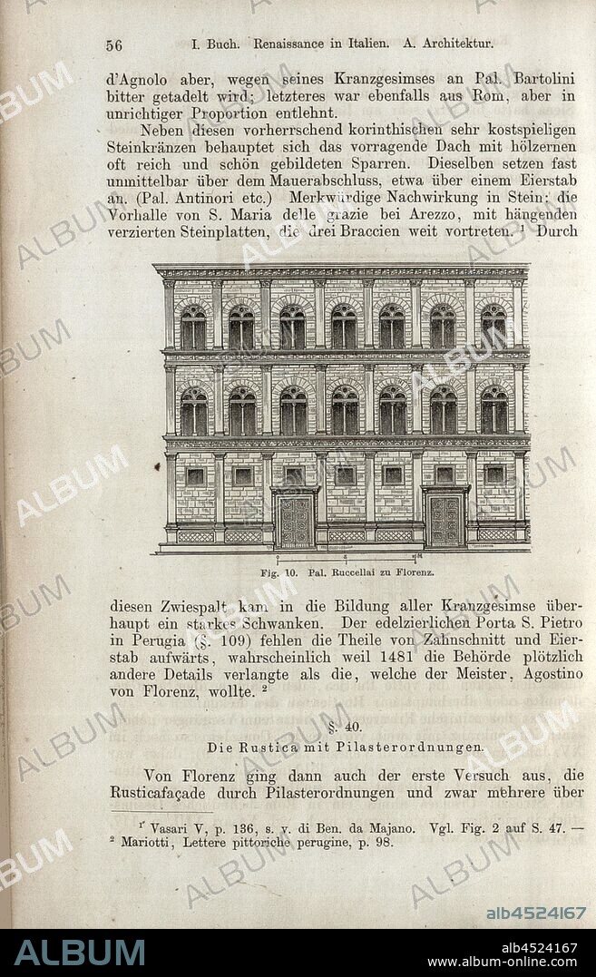 Pal. Ruccellai to Florence, Facade of the Palazzo Rucellai in Florence, Fig. 10, p. 56, 1867, Jacob Burckhardt; Wilhelm Lübke: Geschichte der neueren Baukunst. Stuttgart: Verlag von Ebner & Seubert, 1867.