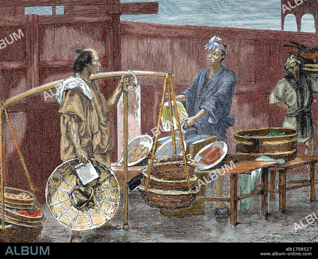 HISTORIA DEL JAPON. Vendedor de fruta. Grabado coloreado del año 1882.