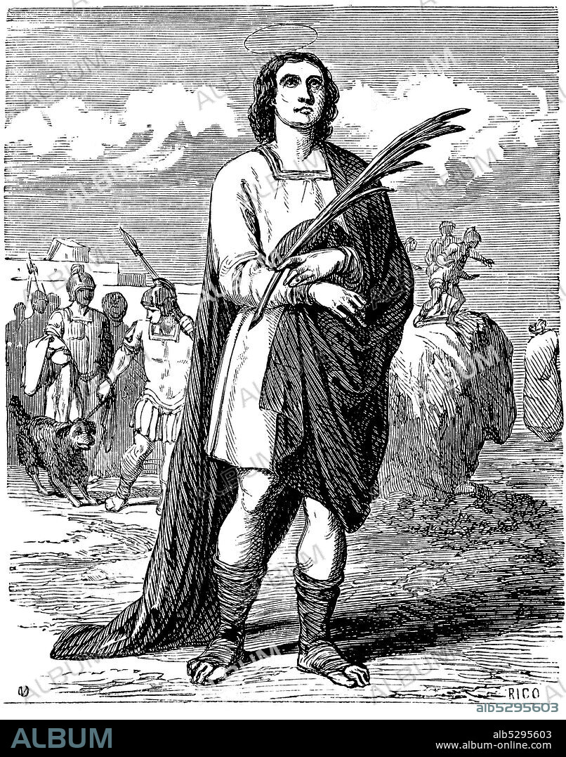 San Ulpiano (?-306), mártir que, siendo adolescente en Tiro, fue arrojado al mar encerrado en un odre durante la persecución bajo el emperador Maximio Daza. Grabado de 1852.