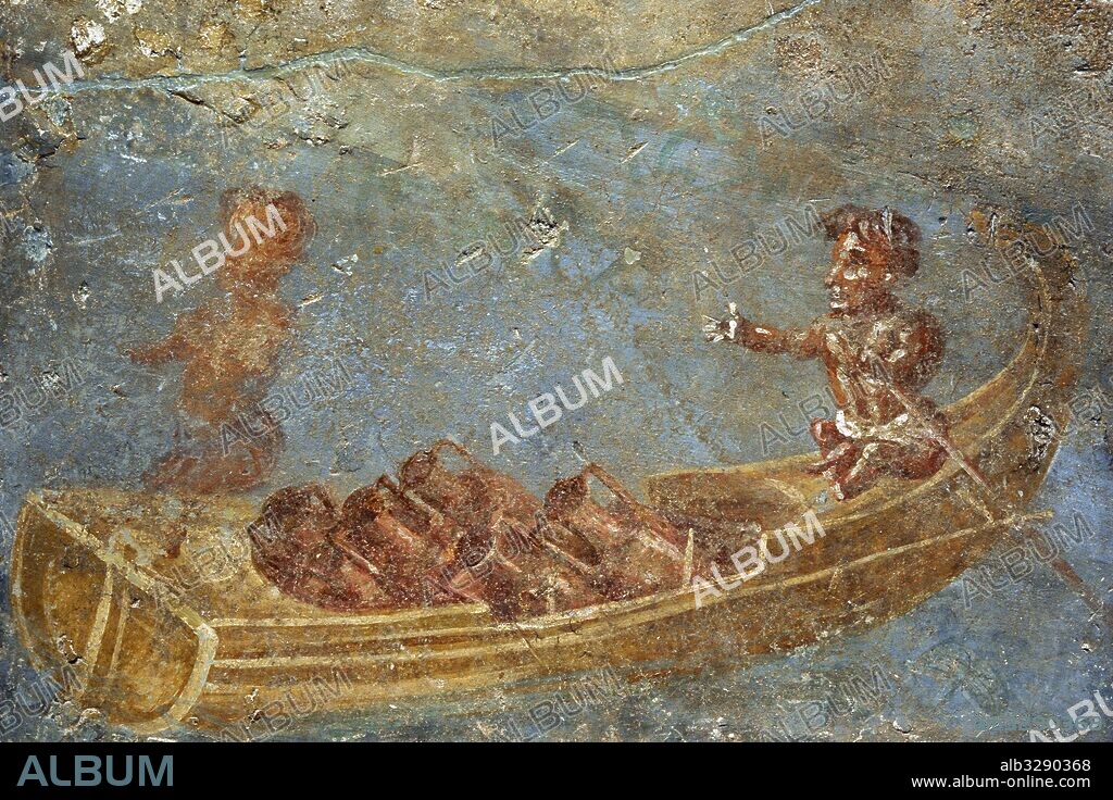 Roman fresco depicting a Nilotic scene with pygmies in a boat loaded with amphorae. Second half of the 1st century AD. House of Julia Felix II, 4, 3. Nymphaeum. From Pompeii. National Archaeological Museum. Naples. Italy.