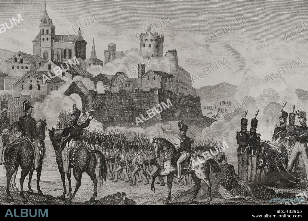 History of Spain. First Carlist War (1833-1840). Northern Front. Taking of the town and fort of Irún (17 May 1837). The Liberal army garrison of San Sebastián, under the command of George de Lacy Evans, took advantage of the departure of the bulk of the Carlist army in the Royal Expedition to attack with the intention of liberating the route to the French border in May 1837. The Carlists established their resistance in Irún, fortifying the town hall and establishing their garrison in the "Parque" fort. On the afternoon of May 16, British artillerymen bombed Irún, doing so again in the early hours of the morning of May 17. Infantry attacks continued throughout May 17, causing numerous deaths. Irún capitulated that afternoon. Engraving. Panorama Español, Crónica Contemporánea. Volume III. Madrid, 1845.