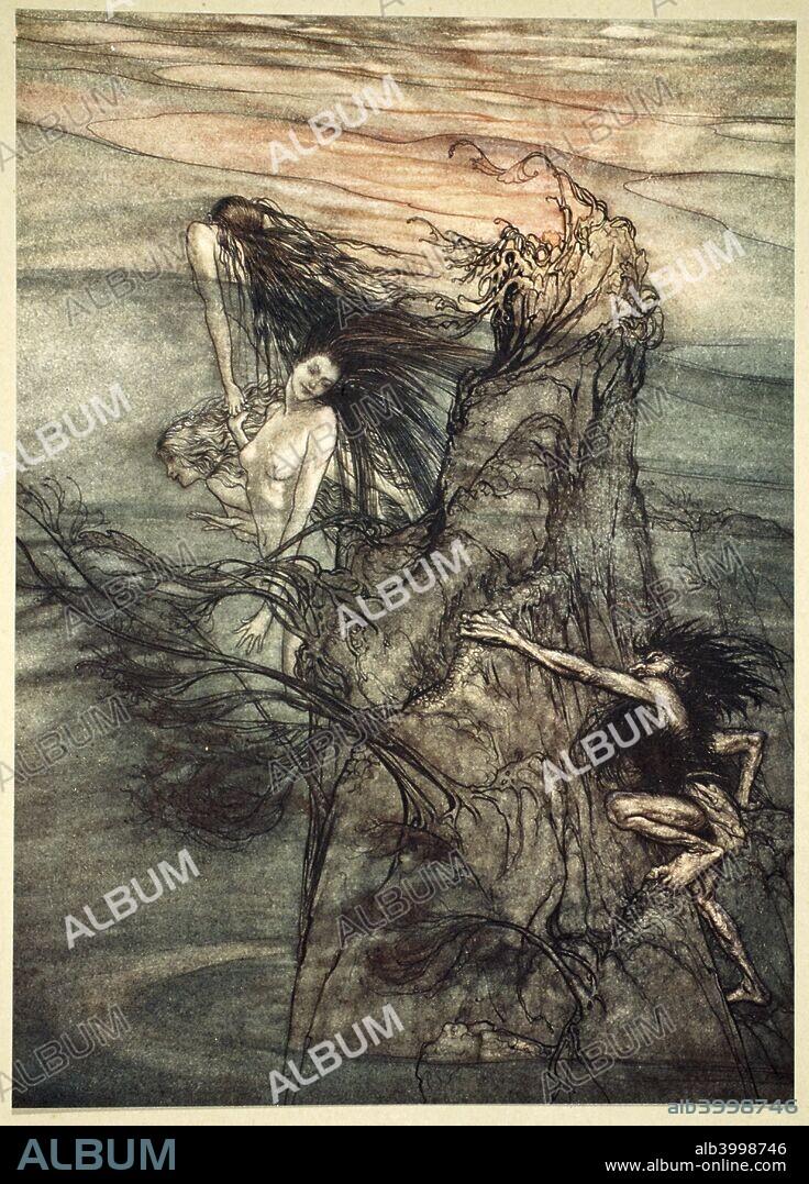 'Mock away! Mock! The Nibelung makes for your toy!', 1910. Illustration from The Rhinegold and the Valkyrie. Alberich climbs up to get the Rhinegold as the Rhinemaidens tease him. From Das Rheingold. From a private collection.