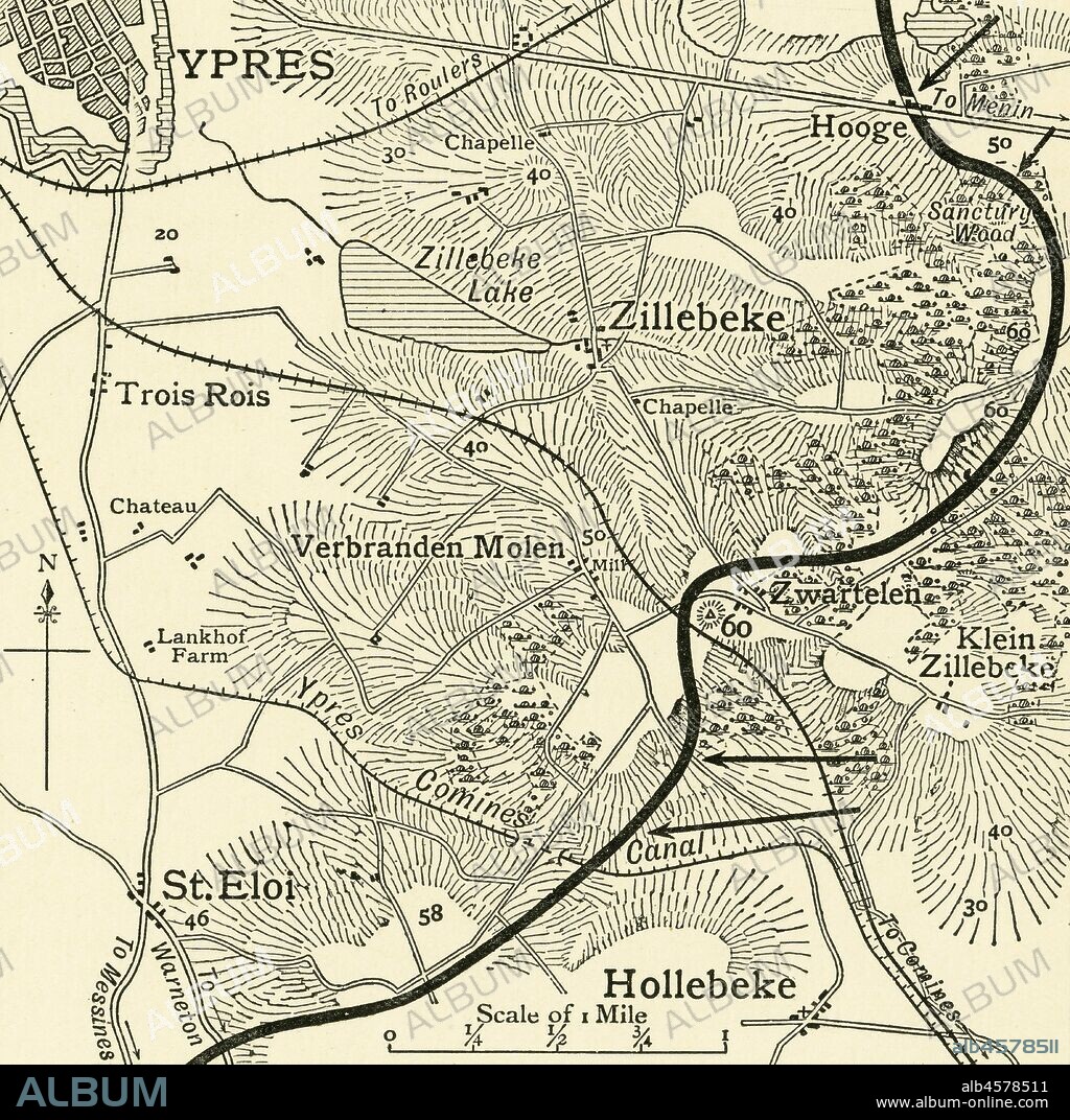 'Map showing the Scene of the German Attacks East and South-east of Ypres, [Belgium], First World War, February 1916, (c1920). 'The "Bluff" and International Trench lie on the wooded hill north of the Ypres-Comines Canal and south of Hill 60'. From "The Great World War: A History", Volume V, edited by Frank A Mumby. [The Gresham Publishing Company Ltd, London, c1920].