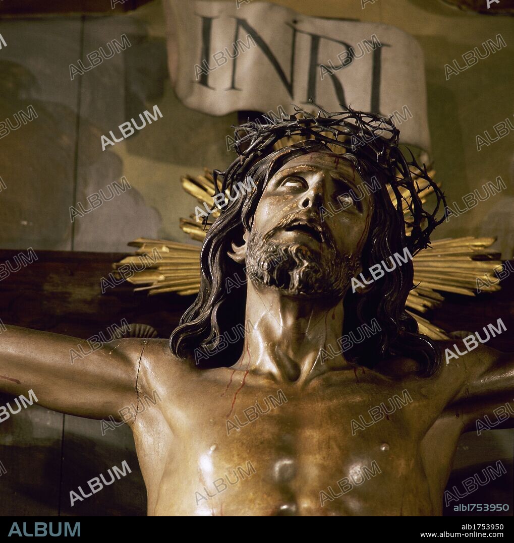 ARTE S. XVIII. ESPAÑA. CRISTO DE LIMPIAS. Imagen de madera policromada procedente de Cádiz o Sevilla. A partir de 1919 fue sujeto de hechos milagrosos (sangre, sudor y lágrimas) que le dieron gran fama. Detalle del rostro de CRISTO. IGLESIA PARROQUIAL DE SAN PEDRO. LIMPIAS. Cantabria. España.
