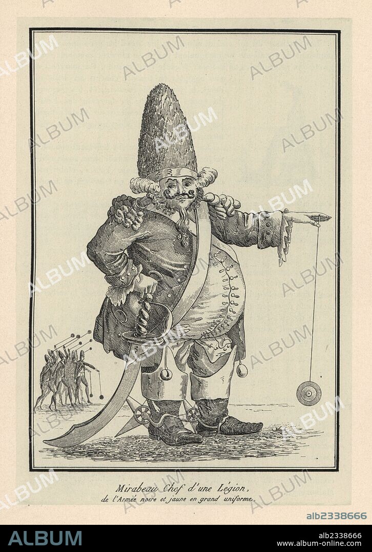 Caricature of Andre Boniface Louis Riqueti, Vicomte de Mirabeau, with yo-yo (emigrette) and regiment of hussars in black and yellow uniforms. Lithograph from Henry Rene Allemagne's Sports and Games of Skill (Sports et Jeux d'Adresse), Librairie Hachette, Paris, 1903.