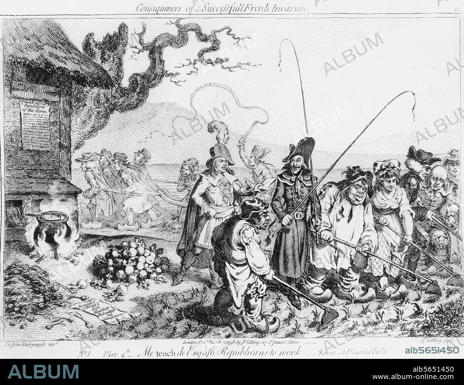 French Revolution Wars / Napoleons' plan to invade Great Britain. "Me teach de English Republicans to work" (The French have the Whigs working in agriculture). Nr. 4 of the series: Consequences of a Succesfull French Invasion. Etching by James Gillray (1757-1815), London, 1 March 1798.