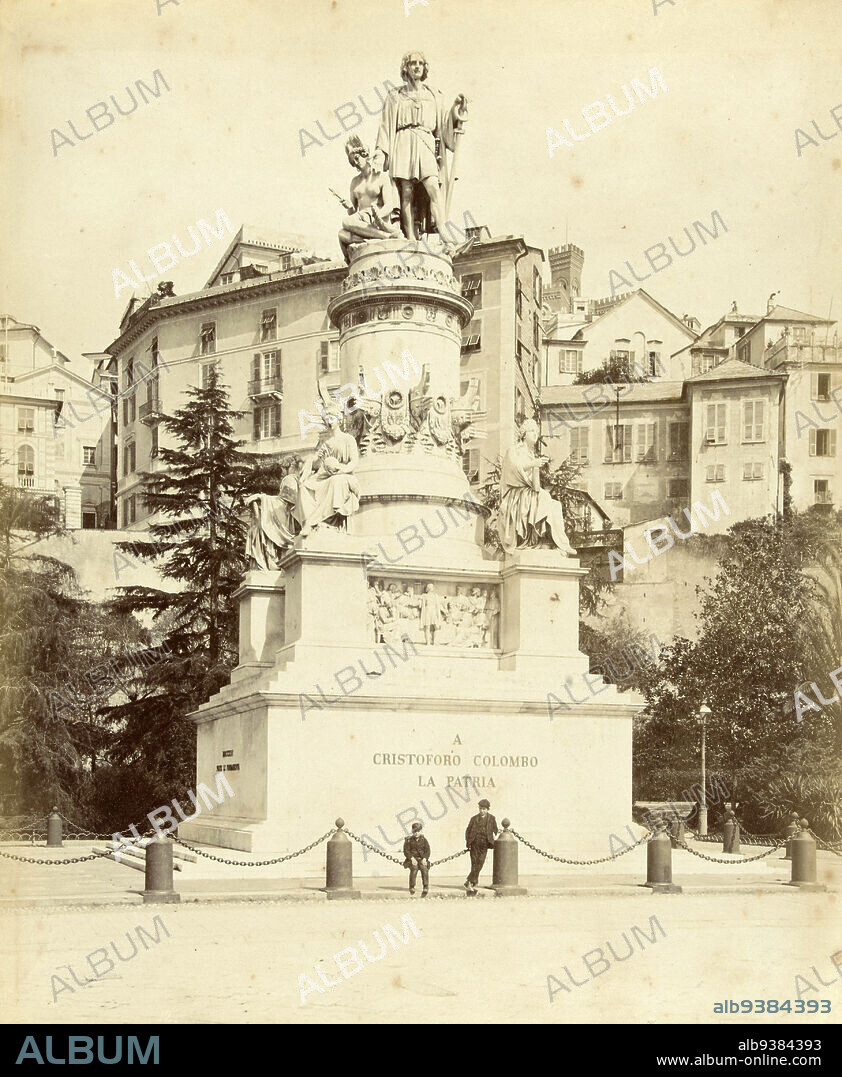 Statue of Christopher Columbus in his birthplace Genoa, Genova. Monumento C. Colombo, A. Noack Genoa (title on object), The statue of Columbus stands atop a column with a personification of America at his feet. This woman, dressed in a loincloth and feather headdress, holds a horn of plenty in her left hand and a cross in her right. One step lower, four patron saints are seated., Alfredo Noack (mentioned on object), Genua, c. 1890, photographic support, albumen print, height 260 mm × width 207 mmheight 277 mm × width 367 mm.