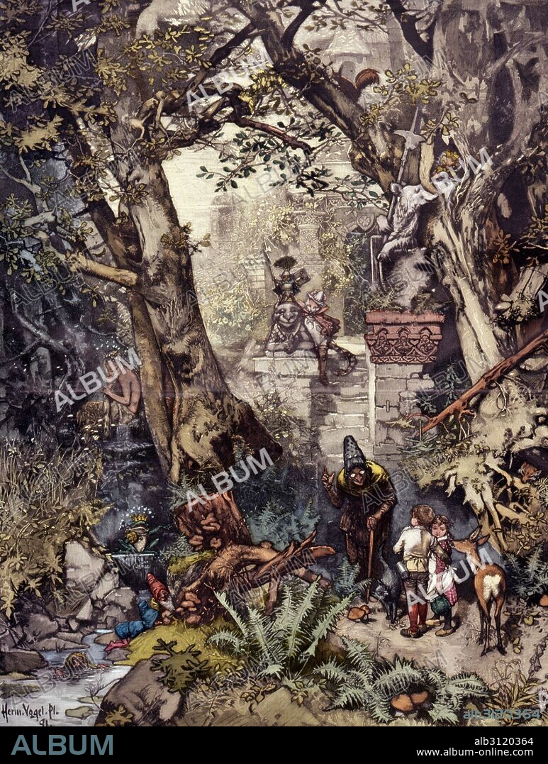 Illustration shows characters from German fairy tales, including Hansel and Gretel, Snow White and the Seven Dwarfs, and Puss in Boots, in a forest. By Hermann Vogel.