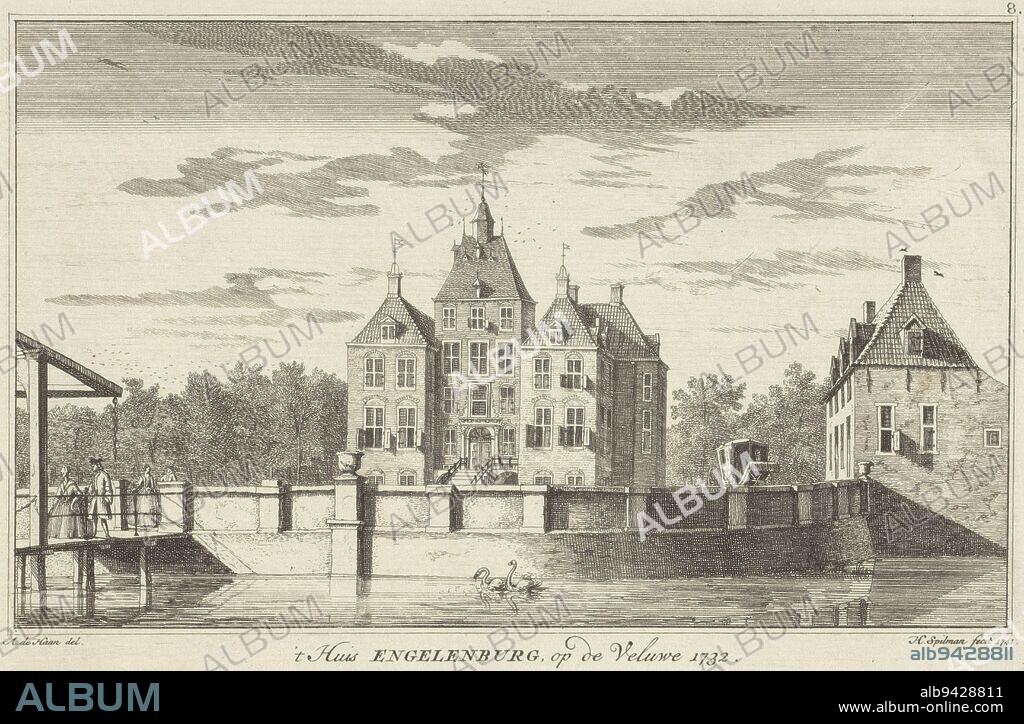 View of Engelenburg Castle 't Huis Engelenburg, in the Veluwe 1732 (title on object) Views of villages and castles (series title), print maker: Hendrik Spilman, (mentioned on object), intermediary draughtsman: Abraham de Haen (II), (mentioned on object), Haarlem, 1741, paper, etching, h 155 mm × w 230 mm.