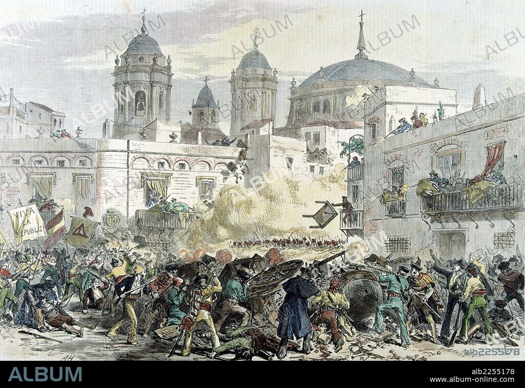PRIMERA REPUBLICA 1873-1874. ESPAÑA. " REVUELTA EN EL BARRIO DE LA VIÑA EN CADIZ ". GRABADO DE LA ILUSTRACION ESPAÑOLA Y AMERICANA.