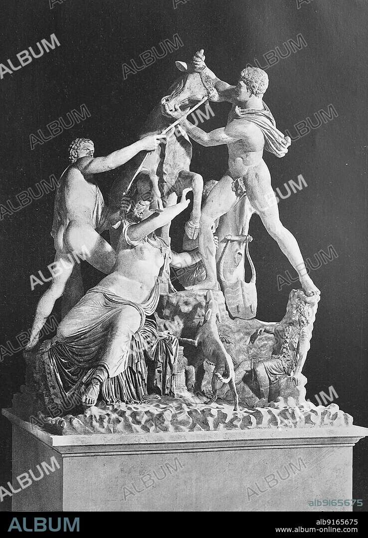 Historical image of The Farnese Bull, Toro Farnese, formerly in the Farnese Collection in Rome, is a massive Roman copy of a Hellenistic sculpture, Naples, Napoli, Italy, Historical, digitally restored reproduction of a 19th century original, exact original date unknown