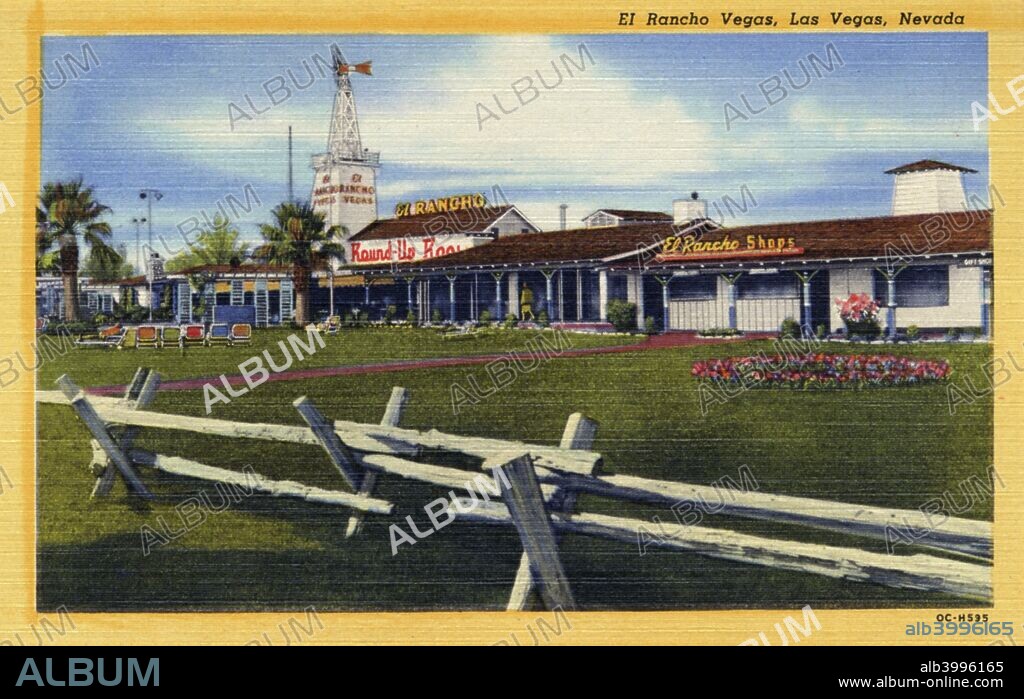 'El Rancho Vegas, Las Vegas, Nevada', postcard, 1950. Vintage linen postcard showing the exterior of the El Rancho Vegas. A split rail fence is in the foreground of the landscaped grounds. A windmill sign is in the background behind the ranch style structure. Opening for the first time in 1941, El Rancho Vegas was the first casino on the Las Vegas Strip. It was destroyed by fire in 1960.