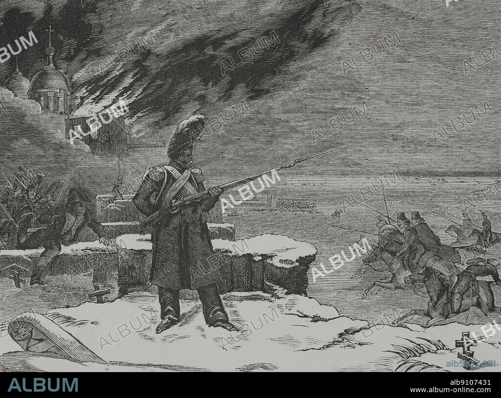 Guerras Napoleónicas. Invasión napoleónica de Rusia. El 14 de septiembre de 1812 las tropas francesas entraron en Moscú. Los comandantes rusos no se habían rendido ante el avance de la Grande Armée, decidiendo incendiar Moscú y vaciar la ciudad entre el 2 y el 6 de septiembre. Los franceses en Moscú. Grabado. "Los Héroes y las Grandezas de la Tierra". Tomo VI. 1856.