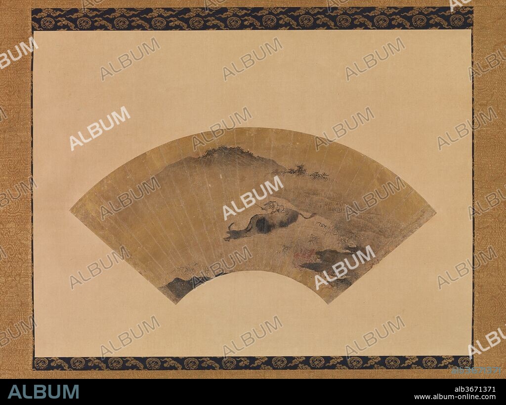 Herd Boy with Ox. Culture: Japan. Dimensions: Image: 8 7/8 × 18 1/2 in. (22.5 × 47 cm)
Overall with mounting: 53 1/8 × 27 11/16 in. (135 × 70.3 cm)
Overall with knobs: 53 1/8 × 29 5/16 in. (135 × 74.5 cm). Date: late 15th century.
The bucolic scene of a herd-boy mounted on a water buffalo together making their way past rice paddies across a shallow river evokes a universally understood sense of harmony with nature while simultaneously sparking multiple associations in the context of early Japanese ink painting. While an affinity to didactic Zen Buddhist parables such as the Ten Ox-Herding Songs is obvious, the image of an ox and ox-herd was also emblematic of spring and agriculture, and enjoyed a long history in secular landscape painting in both China and Japan. This painting, in ink on a gilded fan, was probably based on a similar composition in a round fan-shaped painting by the thirteenth-century Chinese court painter Xia Gui, whose works were treasured in prominent Japanese collections of the fifteenth century.