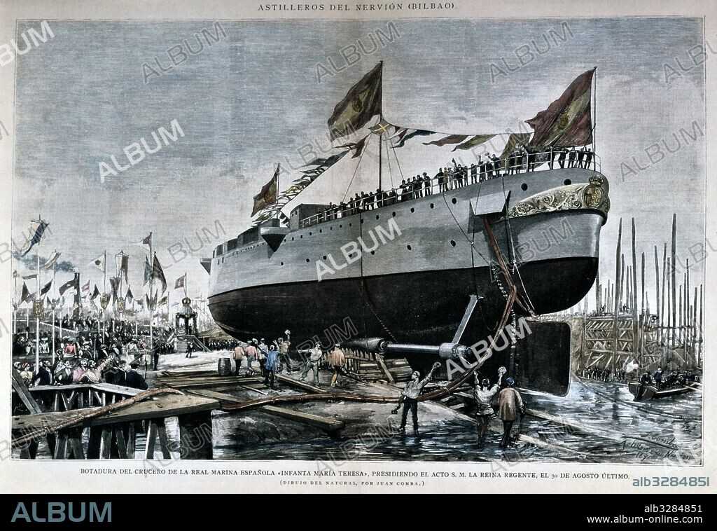 JUAN COMBA. Astilleros del Nervión: Botadura del crucero "Mª Teresa", en 1890. Colección particular, Madrid.