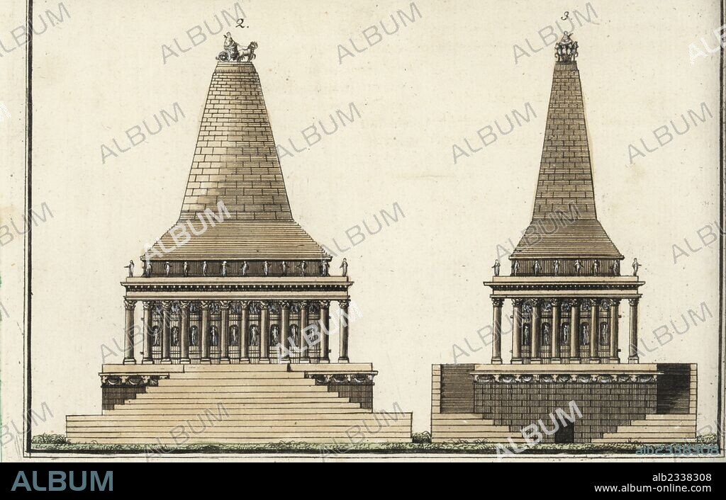 The Mausoleum at Halicarnassus or the Tomb of Mausolus 2,3, built by five architects Scopas, Bryaxis, Timotheus, Leochares and Pythis. Handcoloured copperplate engraving from Friedrich Johann Bertuch's Bilderbuch fur Kinder (Picture Book for Children), Weimar, 1792.