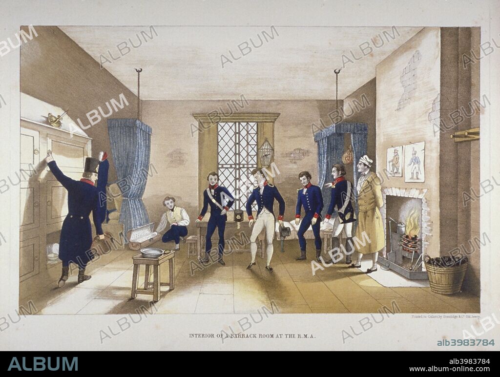 Scene in a barrack room at the Royal Military Academy, Woolwich, Kent, 1851. The Royal Military Academy at Woolwich was established in 1741 for the training of officers of the Royal Engineers and Royal Artillery. It closed in 1939.