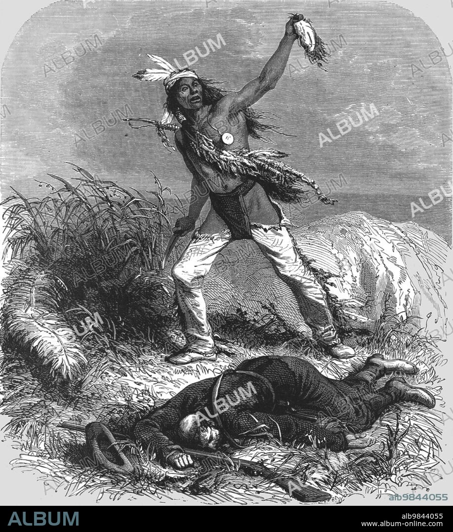 A. R CALHOUN. 'The exultant Indians mutilate the dead body; Passage of the Great Canon of the Colorado', 1875. From, 'Illustrated Travels' by H.W. Bates. [Cassell, Petter, and Galpin, c1880, London].