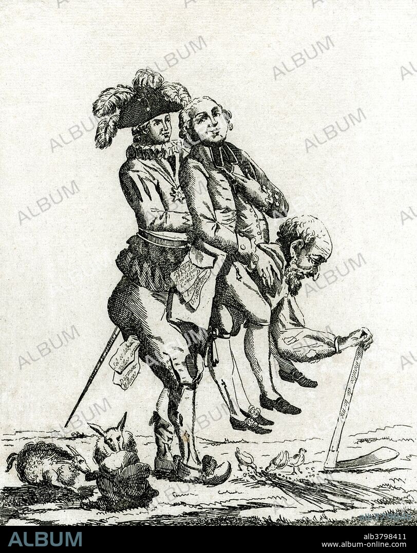 Entitled: "A faut esperer q'eu se jeu la finira bentot." Shows the nobility and the clergy, representing the estates general, riding on the back of a man representing the working class, or third estate; the man is bent under their weight and supports himself by leaning on an adz-like tool, while around his feet birds and rabbits feast on the produce of his labor. The Estates-General of 1789 was the first meeting since 1614 of the French Estates-General, a general assembly representing the French estates of the realm: the clergy (First Estate), the nobles (Second Estate), and the common people (Third Estate). Summoned by King Louis XVI to propose solutions to his government's financial problems, the Estates-General sat for several weeks in May and June 1789 but came to an impasse over the first item on the agenda: whether they should vote by estate, giving the first two estates an advantage, which was the king's choice, or vote all together, giving the Third Estate the advantage. It was brought to an end when the Third Estate formed into a National Assembly, inviting the other two to join, against the wishes of the king, signaling the outbreak of the French Revolution. No artist credited, dated 1789.