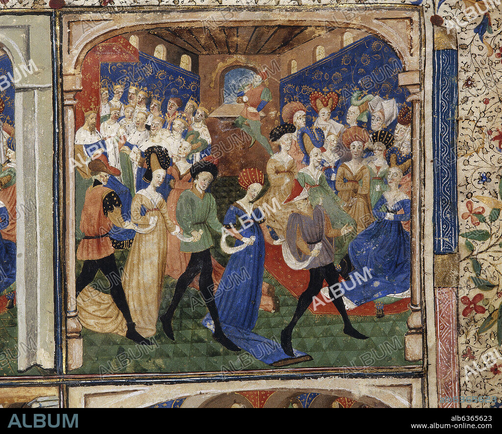 MINIATURA QUE REPRESENTA LOS FESTEJOS EN LA CORTE DEL REY ARTURO, GINEBRA Y DOCE REYES- 1460.