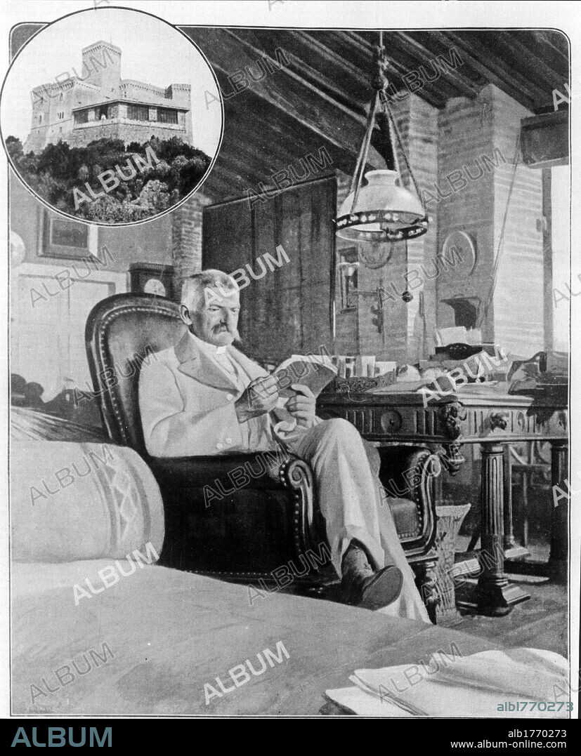Sidney Sonnino reading a book. The Italian politician Sidney Sonnino, many times minister and President of the Council of Ministers, reading a book in his study in Romito's castle. The castle appears on a tondo. Livorno, 1900s.