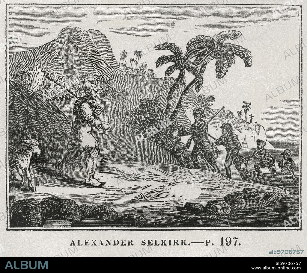 Alexander Selkirk, Illustration from the Book, Historical Cabinet, L.H. Young Publisher, New Haven, 1834.