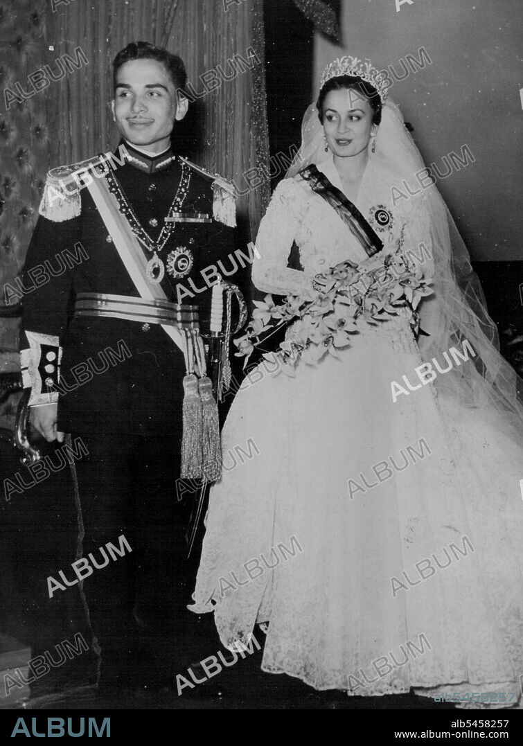 King Hussein And His Bride -- King Hussein, the 19-year-old ruler of Jordan, with his bride and Queen, Princess Dina Abdul Hamid, after they had been married at Amman. The Bride is the king's 26-year-old distant cousin. In accordance with Moslem custom the Bride was not present at the ceremony. More than 20, 000 people flocked to the city to watch the parades and celebrations attending the marriage. April 20, 1955. (Photo by United Press Photo).