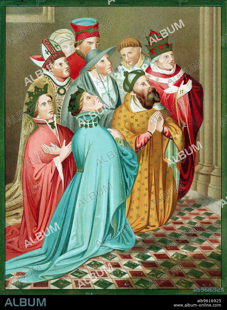 Ferdinand I of Aragon and his Queen at prayer, 1417 (mid 19th century). The King and Queen are pictured at prayer at the time of the Council of Constance, 1417. Amongst the other figures depicted are Sigismund (1368-1437), Holy Roman Emperor from 1433, and Pope Martin V (1368-1431). Pope Matin V was elected at the Council of Constance, thus bringing an end to the Western Schism which had split the Catholic Church since 1378. Chromolithograph after Iconografia Espanola by Valentin Carderera y Solano, 1855-1864.