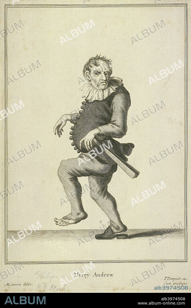 'Merry Andrew', a clown or buffoon, (c1688?). Cross-looking man dancing with one shoe and a ruff. From Cries of London, (c1688?).