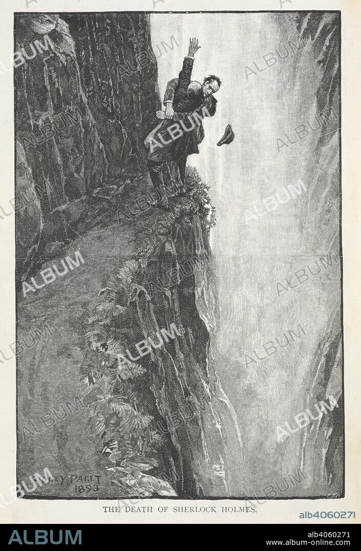 ARTHUR CONAN DOYLE and SYDNEY PAGET. 'The death of Sherlock Holmes.' Sherlock holmes and Professor Moriarty fighting at the Reichenbach falls. Illustration for the story 'the adventure of the final problem.'. The Strand magazine : an illustrated monthly / edited by G. Newnes. London : George Newnes. 1893. July to December. Source: P.P.6004.glk page 558.