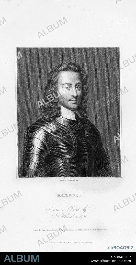 John Hampden (1594-1643) English Parliamentary leader. Died at the Battle of Chalgrove, 18 June 1643, attempting to repulse Royalist forces under Prince Rupert. Engraving.