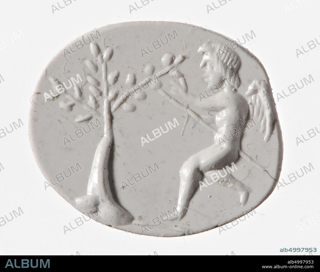 Vz: a tree with three branches is attacked by a Cupid with a long stake in his left hand, with his left hand he takes a piece of fruit from the tree, while he makes a small jump., Gem, intaglio, ringstone , jasper, Color: red, Shape: oval, Processing: edge cut at the back compared to the front, Method: lumpy body modeling with rounded drills, detailing with short rounded wheel grooves., 15 x 10 mm, D. 3 mm , 2nd century AD. 100-200 AD.