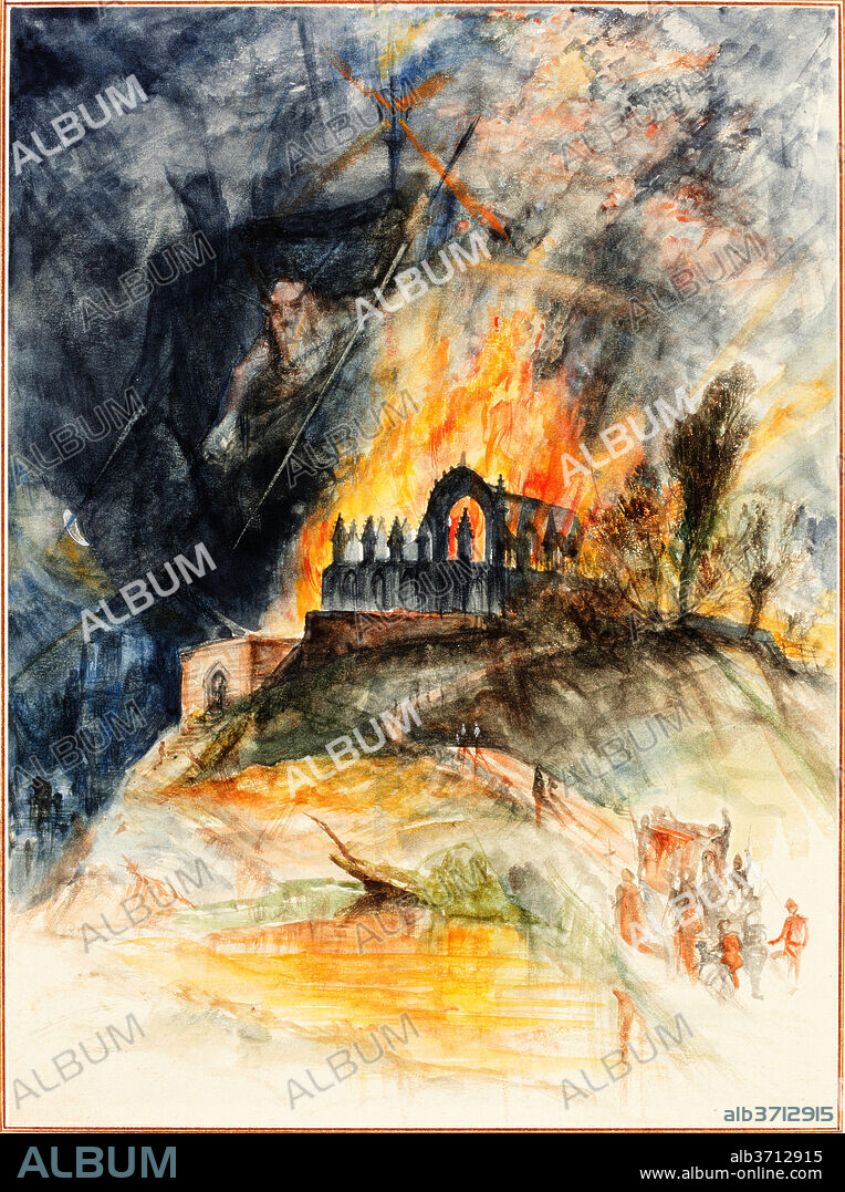 ARTHUR FREDERICK PAYNE. An Ecclesiastic Building in Flames with Demons Above. Dimensions: overall: 19.6 x 14.5 cm (7 11/16 x 5 11/16 in.). Medium: watercolor over graphite on wove paper.