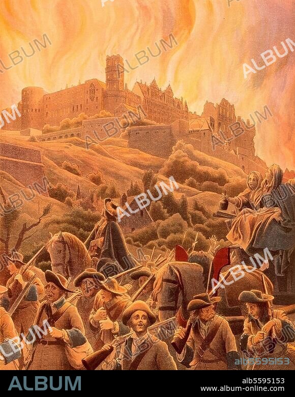 Pfälzischer Erbfolgekrieg 1688-97. Zerstörung Heidelbergs durch den franz. General Ezechiel Melac am 2. März 1689. "Französische Marodeure in Heidelberg". Farblithographie von Maurice Leloir (1853-1940). Aus: G.Toudouze, Le Roi Soleil, Paris (Verlag Combet & Cie) 1904.